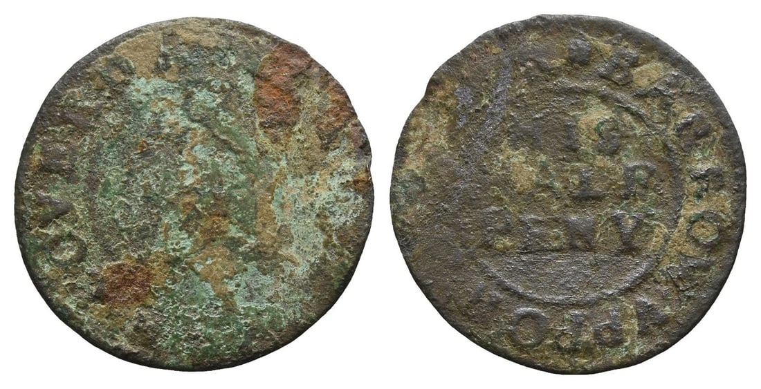 England. Lincolnshire, Barrow-on-Humber, Brian Coverdaill AE Half Penny Token.: 17th century AD. [BRIAN.]COVERD[AILL.IN.], fishing boat with sail / ? BARROW • VPPON [HVM]BER, HIS HALF PENY in three lines. Dickenson 9. 1.08gr, 19mm, 3h. Fair. Found Sutton Fields, Sutton on th