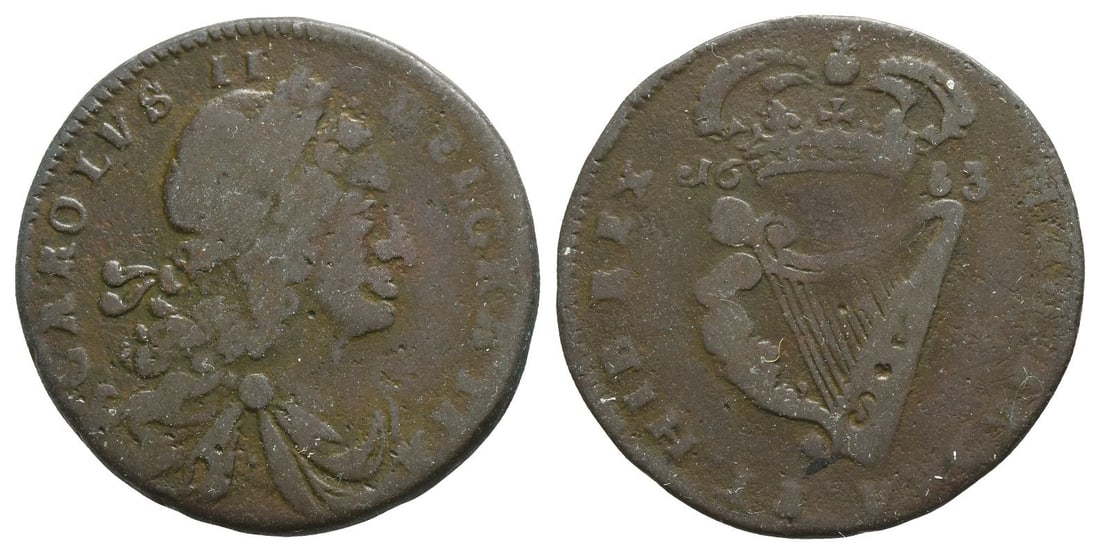 Ireland. Stuart, Charles II CU Halfpenny.: Dublin mint. Dated 1683. Armstrong and Legge's Regal Coinage. 1660-1685. CAROLVS II DEI GRATIA, laureate, draped and cuirassed bust to right / MAG. BR. FRA. ET HIB. REX, crowned harp, date across uppe