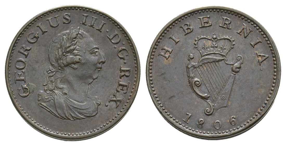 Ireland. Hanover, George III AE Farthing.: Dated 1806. 1760-1820. GEORGIUS III • D : G • REX., laureate and draped bust to right / HIBERNIA, crowned harp, date below. SCBC 6622. 4.32gr, 20mm, 6h. Good Very Fine. From the private coll