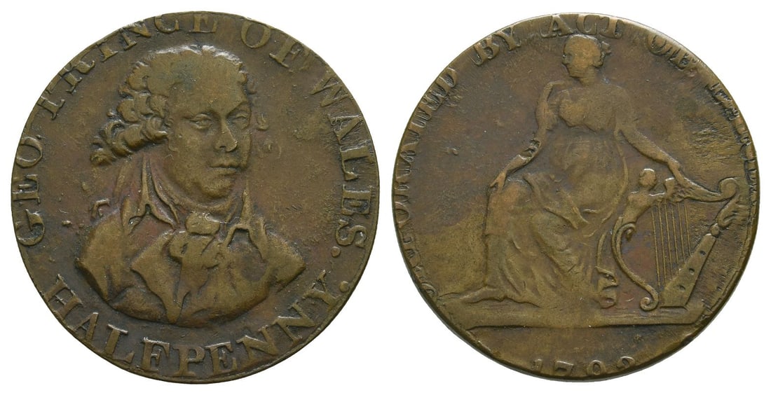 Ireland. George, Prince of Wales CU Halfpenny Token.: Dated 1798. GEO PRINCE OF WALES., bust of the Prince of Wales facing three quarters to right, HALFPENNY. below / [...]RATED BY ACT OF [...], Hibernia seated to left with hand on harp; date in exergue.