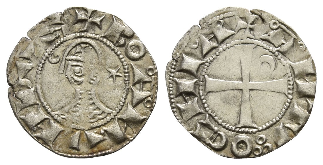 Crusaders. Bohémond III BI Denier.: Antioch (Principality) mint. 1163-1201. ? BOA?V?DVS, helmetted head to left, between crescent and star / ? A?TI?OC?IA, cross pattée, crescent in second angle. Cf. CCS 70a. 0.76gr, 17mm, 3h. Near Very