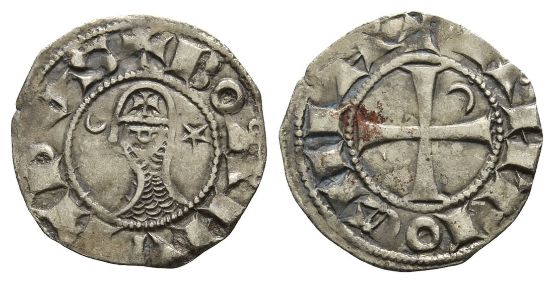 Crusaders. Bohémond III BI Denier.: Antioch (Principality) mint. 1163-1201. ? BOA?V?DVS, helmetted head to left, between crescent and star / ? A?TIOC?IA, cross pattée, crescent in second angle. CCS 66; Metcalf, Crusades Class B, 368-71