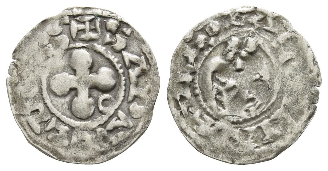France. Provincial, Valence (Bishophric), Anonymous AR Denier.: 12th-13th centuries AD. ? VRBS VAL?NTIAI, eagle facing with wings spread / ? S APOLLINARIS, short cross pommée; annulet in fourth quarter. Duplessy, Féodales 2255. 0.95gr, 18mm, 6h. Good Fine. From 