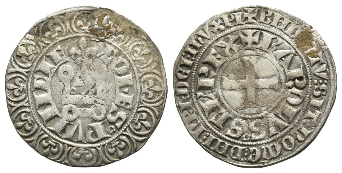 France, Provence (County). Charles I d'Anjou, as King of Sicily, AR Gros Tournois.: Avignon mint. 1246-1266. COMES(ME ligate) ? PVINCHIE around châtel tournois containing rose between two annulets and surmounted by lis; all within border of twelve lis / ? BHDICTV ? SIT ? ?O??? ? DHI