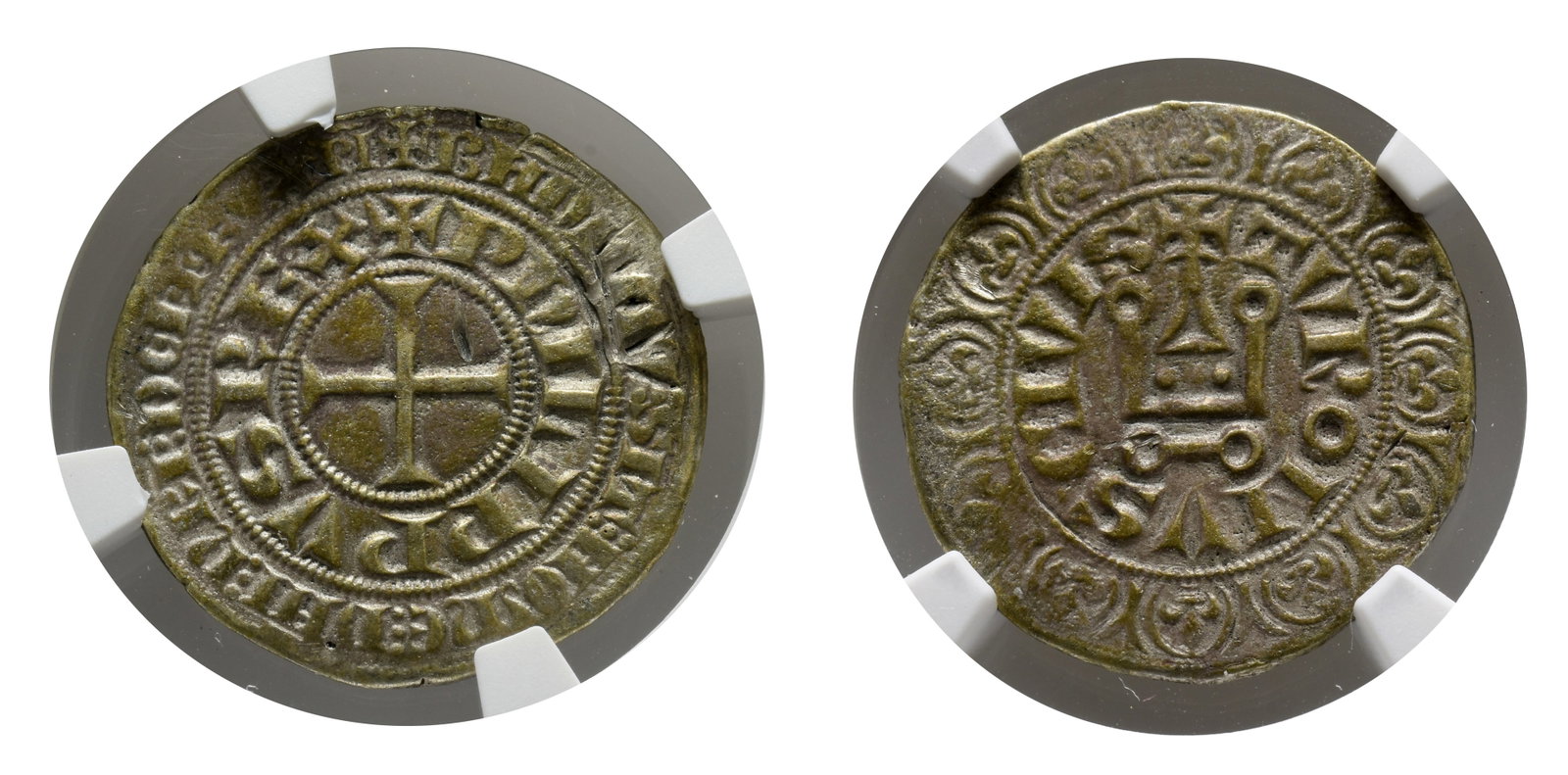 France, Kingdom. Philippe IV 'le Bel' (the Fair) AR Gros Tournois.: 1285-1290. ? BHDICTV ? SIT ? HO??? ? DHI ? ?RI ? D?I •I•?V XPI in outer margin, ? P?ILIPPVS REX in inner margin, short cross pattée / ? TVRONVS CIVIS around châtel tournois surmounted by l