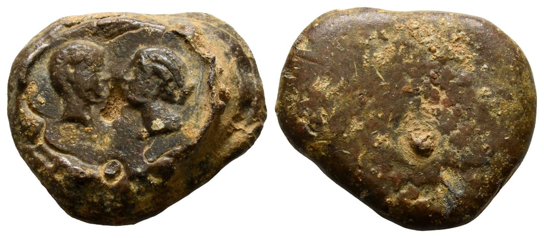 Roman Imperial PB Seal.: Circa 4th century AD. Confronted heads of male and female, both bare-headed / Blank. Apparently unpublished. 22.01gr, 27mm x 23mm. (For this specific lot, 5% import VAT is applicable on the hammer pri