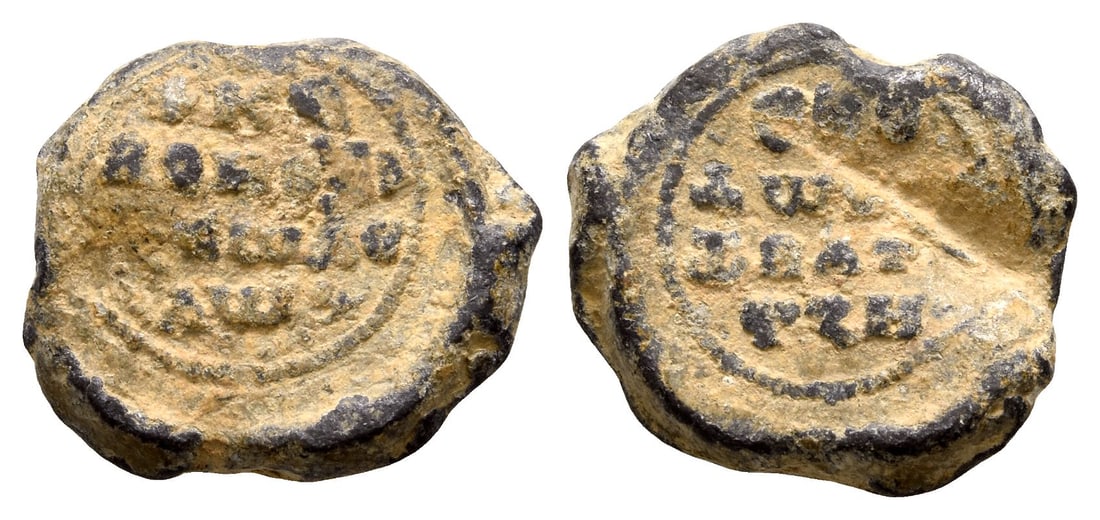 Byzantine Invocative PB Seal in the name of Theodoros, Vatatzes (Batatzes).: Circa 12th century AD. ? K? B?H?[...] C? ??[?]?? in four lines / ?????[...] ??(ligate) BAT[...]TZH in four lines. Translation: Lord, help your servant Theodoros, Batatzes. Apparently unpublished in th