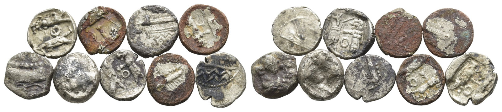Group of Nine [9] Greek AR Coins.: 6th-4th century BC. Various types. 6.54gr total. Condition as seen. Acquired on the UK art market before 2000. Property of an Essex, UK, gentleman. TimeLine Auctions follows a rigorous vetting process