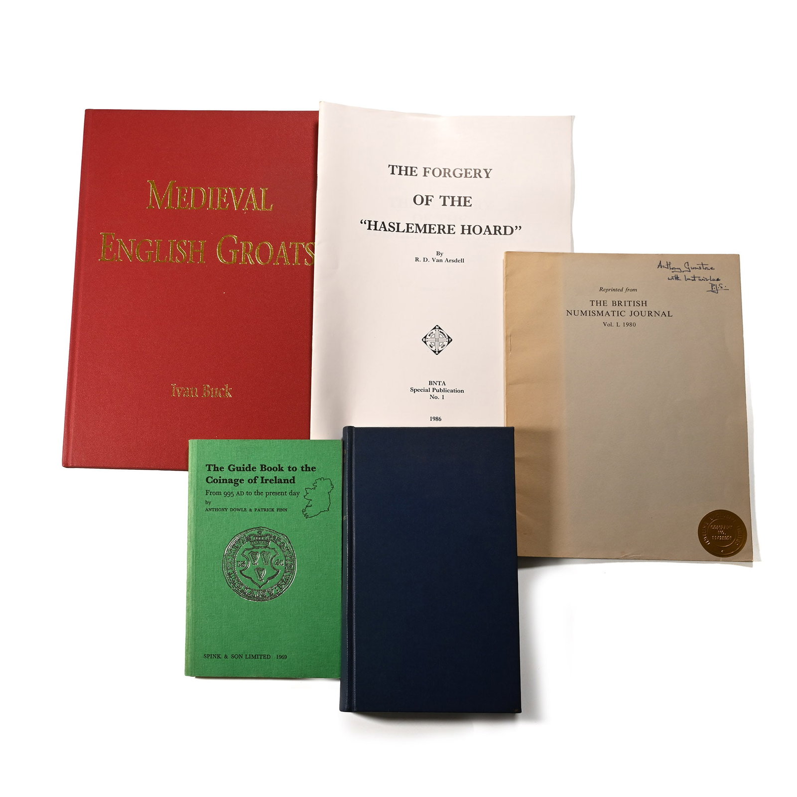 Books of English and Irish Coins - 5 Titles: 1969-2000 A.D. Ivan Buck - Medieval English Groats - Witham, 2000, hardback, cloth covers, gold titling, 66 pp, colour, No. 13 in a limited edition of 20, signed by the author; P. Seaby - King Stephen