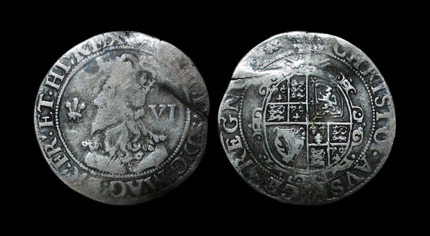 Stuart Charles I - Aberystwyth - Sixpence: 1638-1642 AD, Aberystwyth mint, single arched crown and inner circles both sides. Obv: profile bust with plume before and VI behind and CAROLVS D G MAG BRI FRA ET HIB REX and 'book' mintmark. Rev: shi