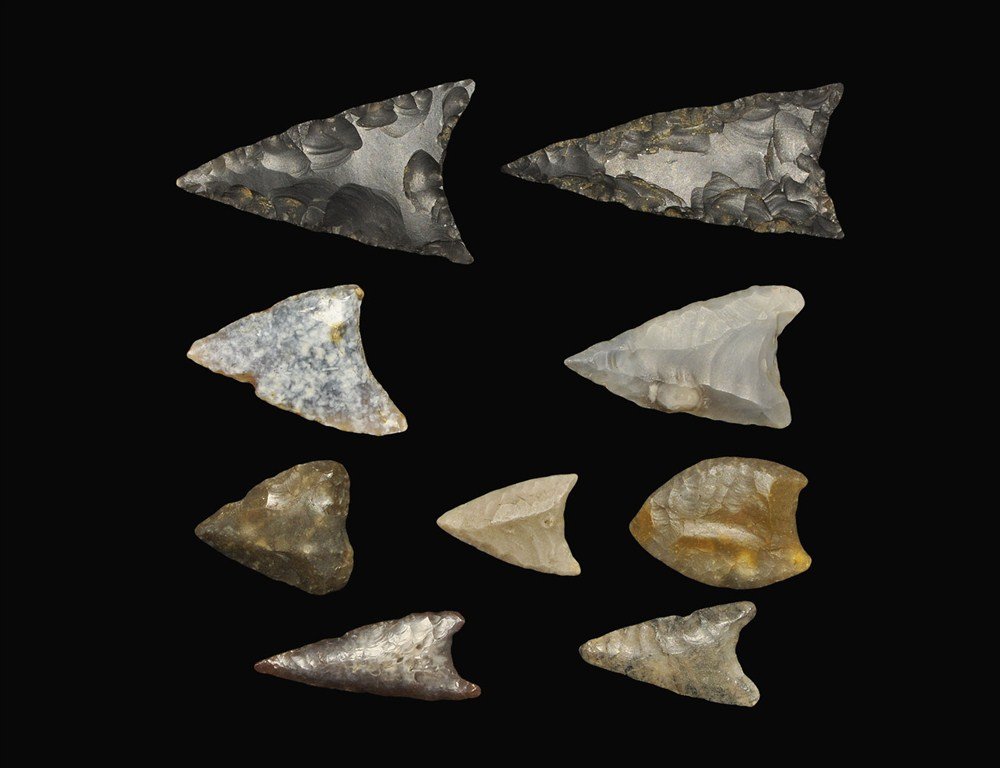 Stone Age Flint Arrowhead Collection: Neolithic, 4000-2000 BC . A group of nine hollow-base arrowheads comprising: a flint bifacial type with cortex to one side (uncertain findspot); a small chert bifacial type (inked reference 'Norfolk')