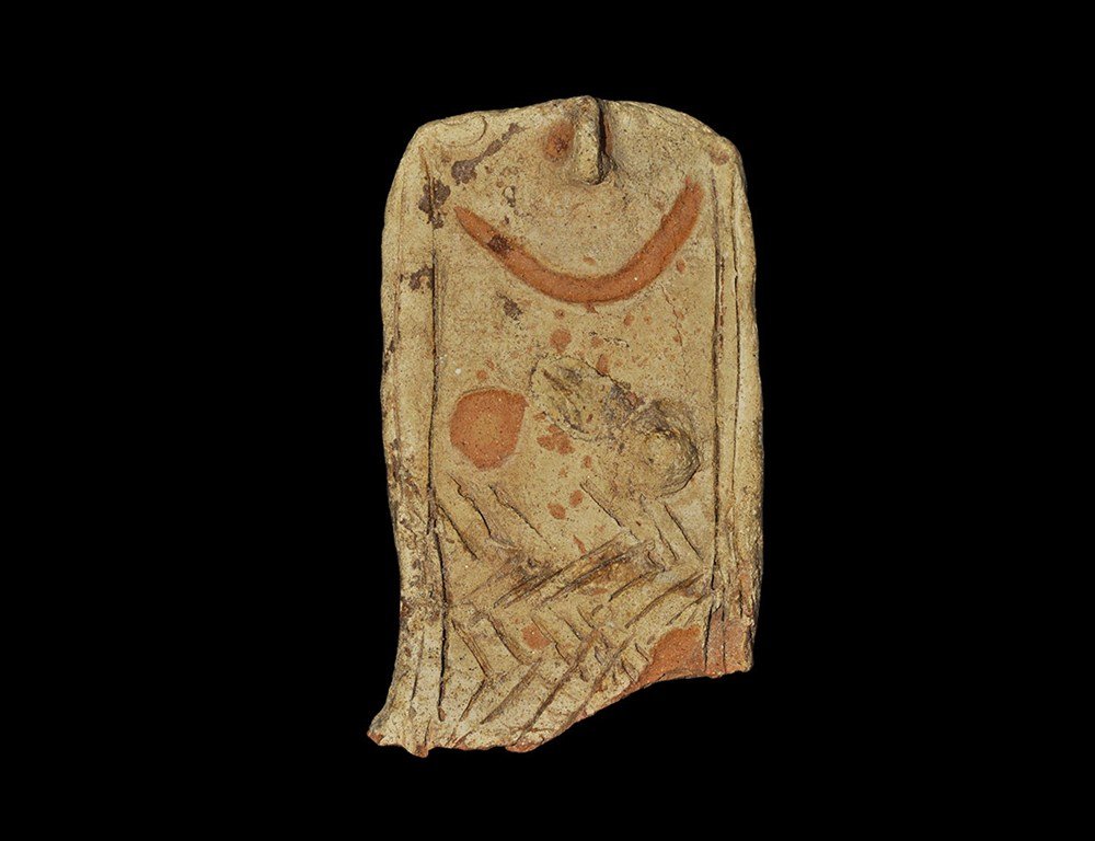 Near Eastern Syrian Ceramic Fertility Figure Plaque: 2nd millennium BC . A rectangular fertility figurine, flat in section, with rectilinear incised lines to borders and zigzag motifs to lower body, pinched face and breast detail. 63 grams, 85 mm (3 1/4