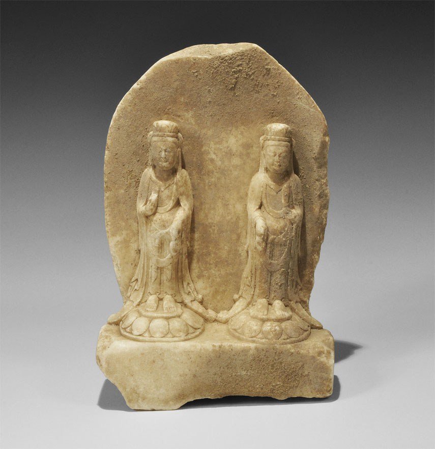 Chinese Marble Figural Plaque: 19th century AD . A carved plaque with rectangular base and D-shaped panel to the rear; standing on two D-shaped lotus-flower bases, two carefully sculpted female figures in formal dress with long dra