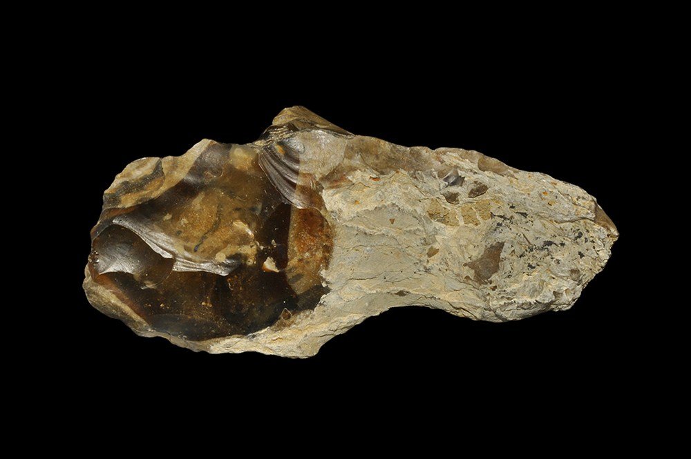 Stone Age Twydall Clactonian Flint Axe: Lower Palaeolothic, circa 400,000 BP . A substantial Clactonian culture implement formed from a large flint nodule with much cortex present to the butt with a convex, bifacial cutting edge; from the w