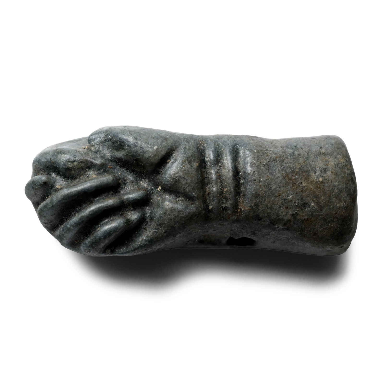 Egyptian Faience Fist Amulet: Ptolemaic-Roman Period, 323 B.C.-323 A.D. Modelled as a right hand in fica protective gesture; pierced at wrist. 1.48 grams, 20 mm (3/4 in.). [No Reserve] From an early 20th century collection. This l