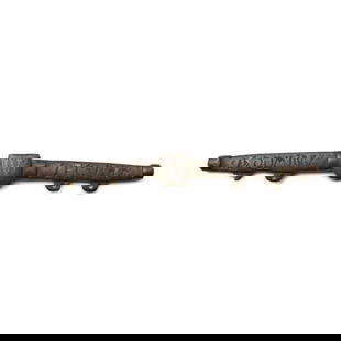 Medieval Inscribed Bronze Purse Bar: 14th-15th century A.D. With niello-filled legend to the bar: 'AVE MARIA GACIA PLE' and to reverse 'A DOMINV TE CVM *'; central heater-shaped plaque with niello-filled 'W' to one face and 'IHS' monogra