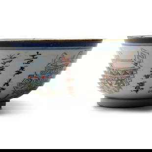 Chinese Painted Porcelain Bowl: Qing Dynasty, 19th century A.D. Squat in profile with solid band to rim, painted design of ancient vessel types (hu and others) with columns of text between; applied wax seal; signed on underside. 130