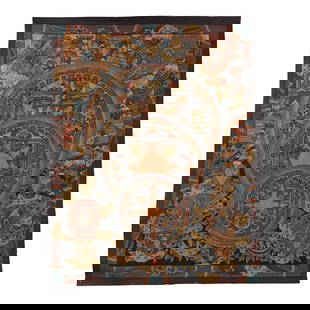 Vintage Tibetan Buddhist Hand-Painted Illuminated Thangka: Mid 20th century A.D. Depicting a painted mandala on backing fabric featuring multiple facing Buddha images in a frame with houses, vegetation and other ornament, gilt detailing. 22 grams, 37.5 x 29.5