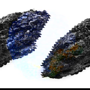 Azurite Crystal Mineral Display Specimen: An aggregate of vibrant blue azurite crystals with malachite. 40.1 grams, 40 mm (1 1/2 in.). [No Reserve] Property of a North West London, UK, lady. TimeLine Auctions follows a rigorous vetting proces
