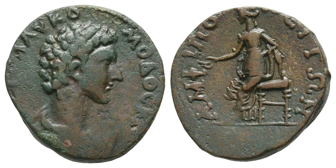 Commodus, as Caesar, AE 25mm of Amphipolis, Macedon.: Commodus, as Caesar, AE 25mm of Amphipolis, Macedon. AD 166-177. ???? ? ?V ??????? ??????, bareheaded and draped bust to right / ????????????, Tyche enthroned to left, holding phiale. RPC IV.1 Online 