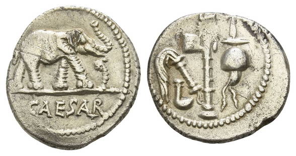 The Caesarians, Julius Caesar AR Denarius.: The Caesarians, Julius Caesar AR Denarius. April-August 49 BC. Military mint traveling with Caesar. CAESAR, elephant advancing to right, trampling on horned serpent / Emblems of the pontificate: simpu
