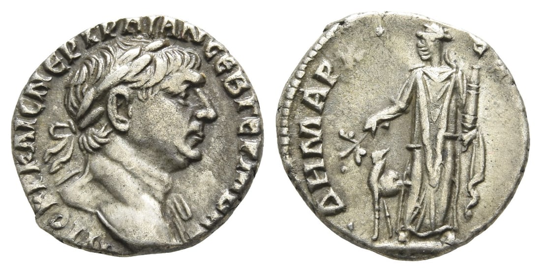 Trajan AR Drachm of Bostra, Arabia.: Trajan AR Drachm of Bostra, Arabia. AD 112-114. ?????? ???? ??? ?????? ??? ???? ???, laureate head to right, slight drapery on far shoulder / ?????? ?? [..], Arabia standing facing, head to left, hold