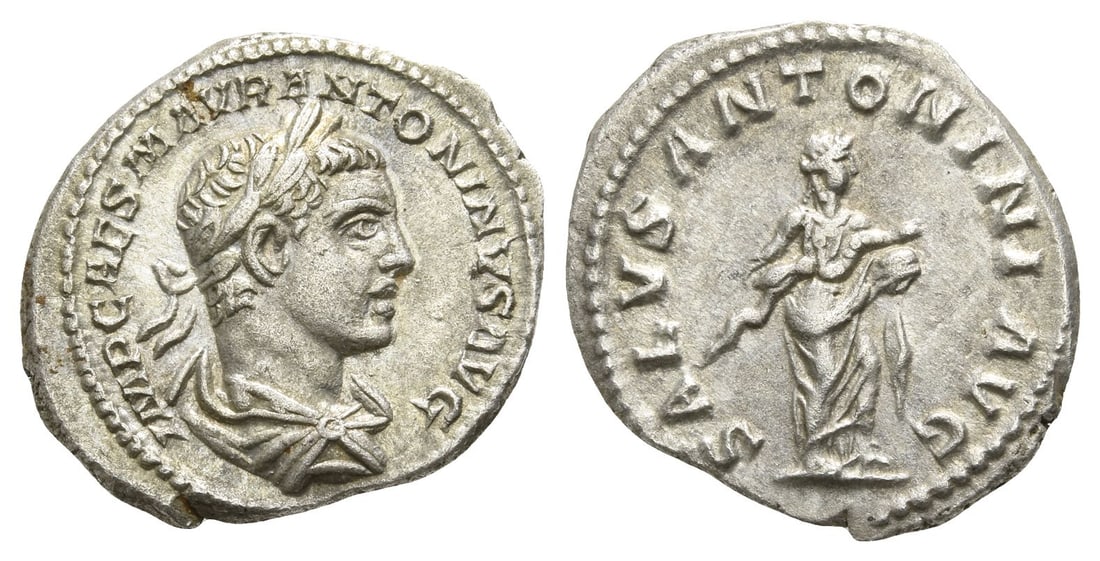 Elagabalus AR Denarius.: Elagabalus AR Denarius. Struck AD 218-219. Rome mint. IMP CAES M AVR ANTONINVS AVG, laureate and draped bust to right, seen from rear / SALVS ANTONINI AVG, Salus standing facing, head to right, feedin
