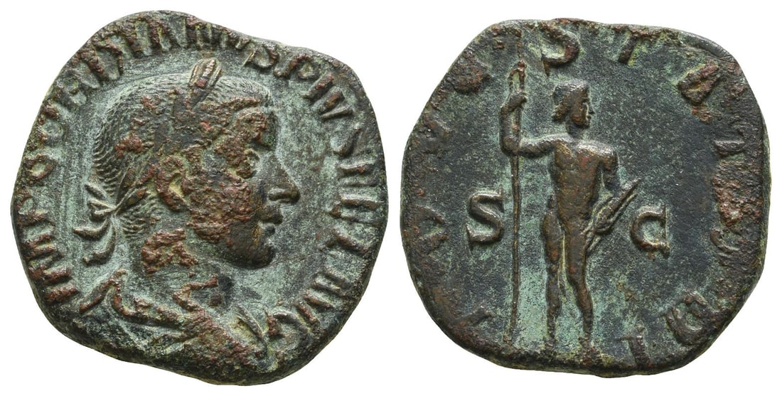 Gordian III AE Sestertius.: Gordian III AE Sestertius. AD 241-243. Rome mint. IMP GORDIANVS PIVS FEL AVG, laureate, draped and cuirassed bust to right / IOVI STATORI, Jupiter, naked, standing facing, looking to right, holding th