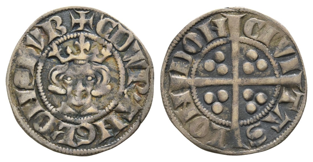 England. Plantagenet, Edward I AR Penny.: England. Plantagenet, Edward I AR Penny. Struck 1282-1289. London (Tower) mint. New coinage, class 4b. ? ?DWR' ANGL' DNS ??B, crowned bust facing / CIVI-TAS LON-DON, long cross pattée; triple pellets
