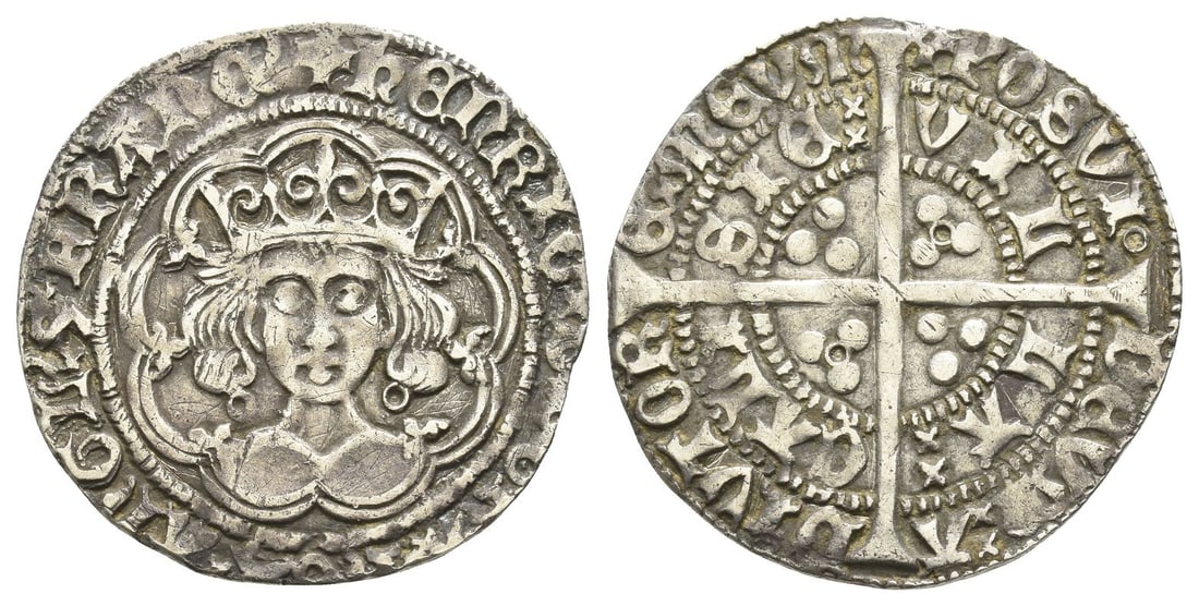 England. Lancaster, Henry VI AR Groat.: England. Lancaster, Henry VI AR Groat. Struck 1422-1430. Calais mint; i.m: pierced cross. Annulet issue. (Pierced cross) ??NRIC ? DI ? GRA ? R?X ? ANGL' ? Z ? FRANC', crowned facing bust within tressu