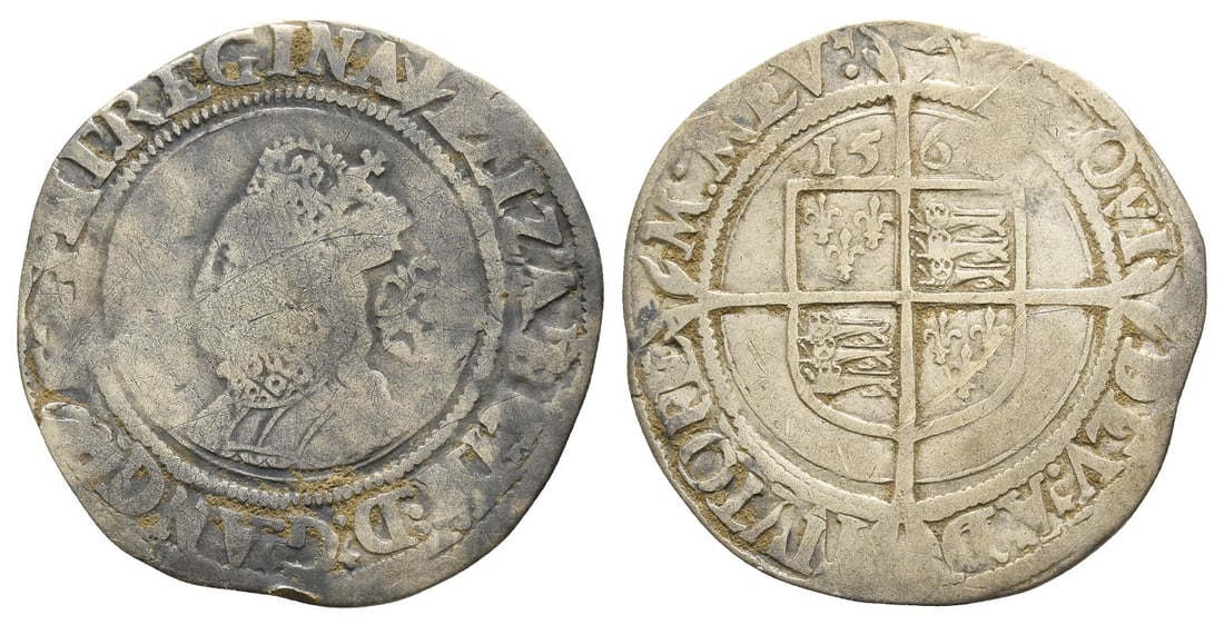 England. Tudor, Elizabeth I AR Sixpence.: England. Tudor, Elizabeth I AR Sixpence. Dated 1561. Tower (London) mint; i.m: pheon. Third and Fourth issue. (Pheon) ELIZABETH • D .' G .' ANG .' FR .' ET • HI .' REGINA, crowned bust to le