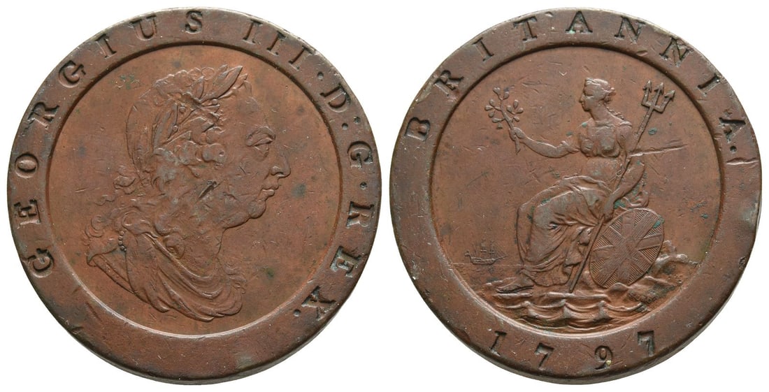 Great Britain. Hanover, George III CU Twopence.: Great Britain. Hanover, George III CU Twopence. Dated 1797. Soho (Birmingham) mint. 'Cartwheel' type. Design by Conrad Heinrich Küchler. GEORGIUS III · D : G · REX., laureate and draped bust to rig