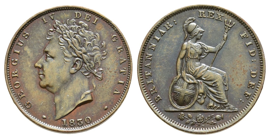 Great Britain. Hanover, George IV CU Farthing.: Great Britain. Hanover, George IV CU Farthing. Dated 1830. London mint. Second issue. GEORGIUS IV DEI GRATIA, laureate head to left, date below / BRITANNIAR : REX FID : DEF :, Britannia seated to righ