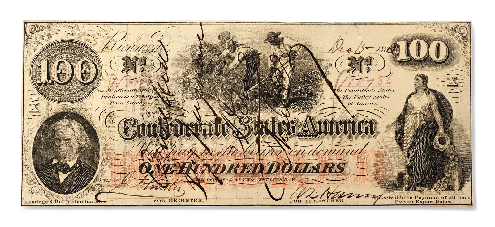Confederate States of America, One Hundred Dollars T41. (1 of 2)