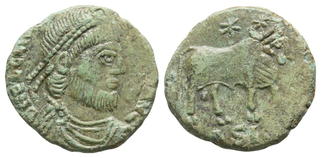 Julian II AE 22mm.: Julian II AE 22mm. AD 360-363. Contemporary imitation. Imitating possibly Siscia mint. Pearl-diademed, draped, and cuirassed bust to right / Bull standing to right; two stars above. For prototype: cf.