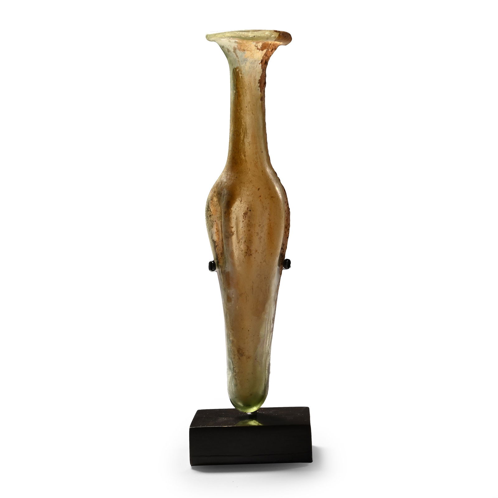 Roman Glass Bottle: 1st century A.D. Comprising a tapering round-section body with narrow shoulder and flared neck, median bulb with pinched flanges; supplied with a custom-made stand. Cf. Whitehouse, D., Roman Glass in