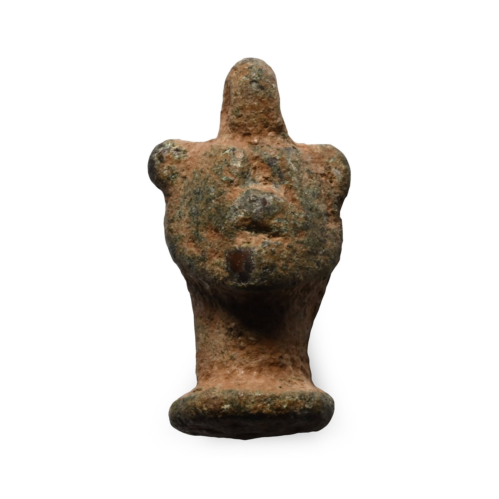 Babylonian Bronze Pazuzu Head Pendant: 700-600 B.C. Formed in the round bust of Pazuzu with disc base and loop. 4.45 grams, 19.7 mm (3/4 in.). From a collection of a late London, UK, collector, 1980s. This lot has been cleared against the 