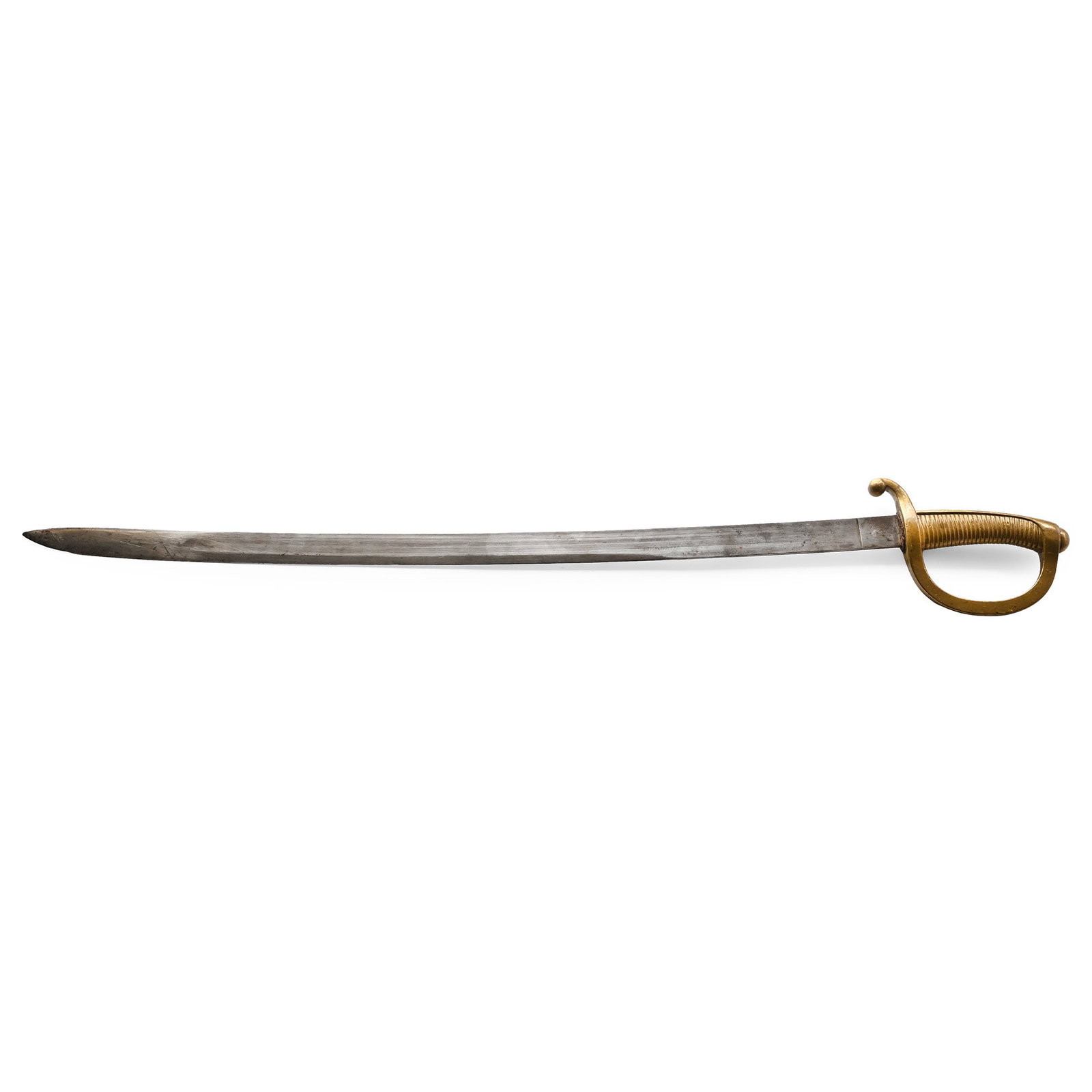 Spanish Military Briquet Sabre: Dated 1902 A.D. Comprising: slightly swept single-edge blade with scooped point and ricasso; brass hilt with finger-guard, lobed quillon, ribbed grip; blade stamped 'Arta. Faba. de Toldo 1902'. 1.04 k