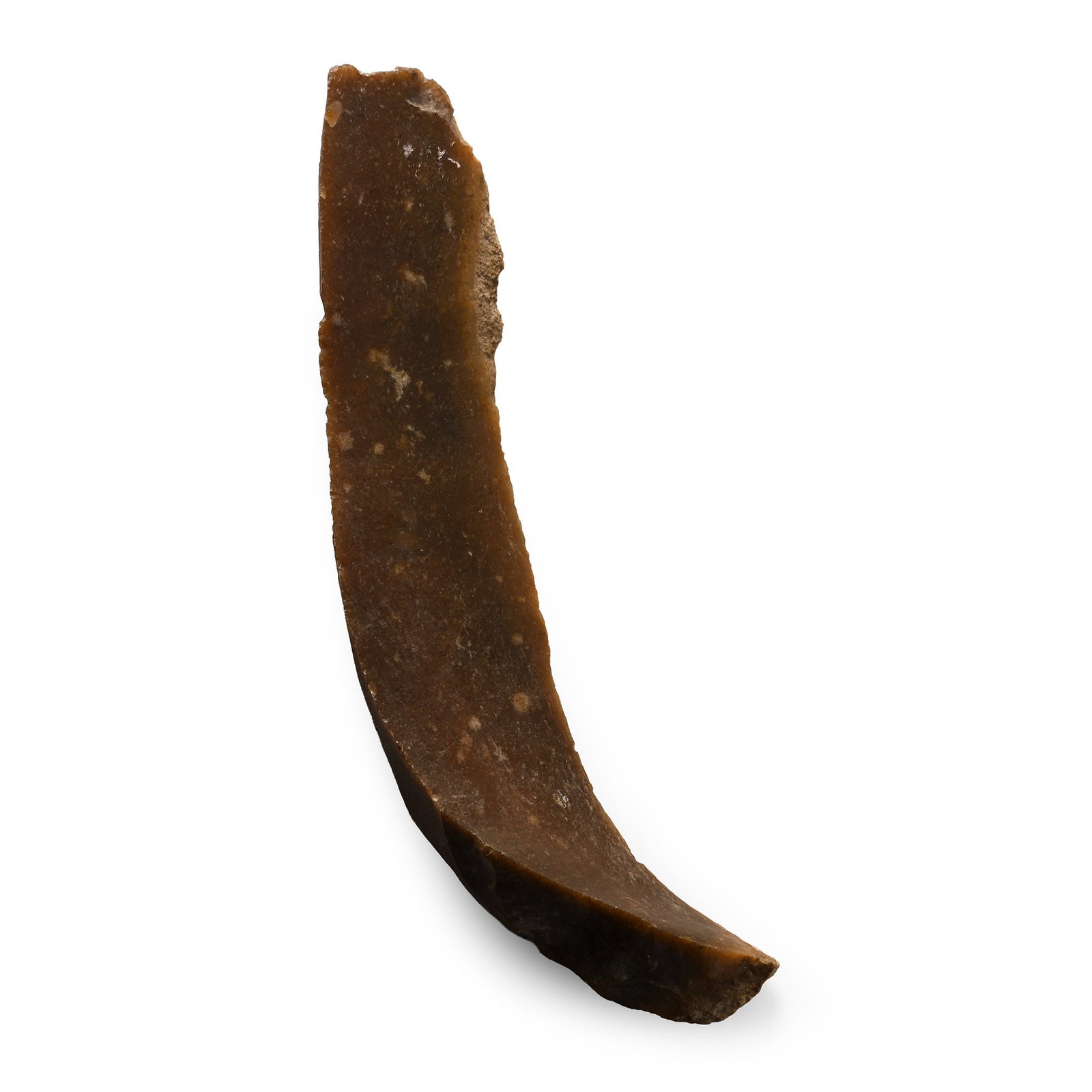 French Stone Age 'Gravettian' Long Crested Blade: Upper Palaeolithic Period, circa 35,000-25,000 B.P. Triangular in section with curvature along the full length of the blade. 56 grams, 13.3 cm (5 1/4 in.). [No Reserve] Found Dordogne, France. Ex M G 