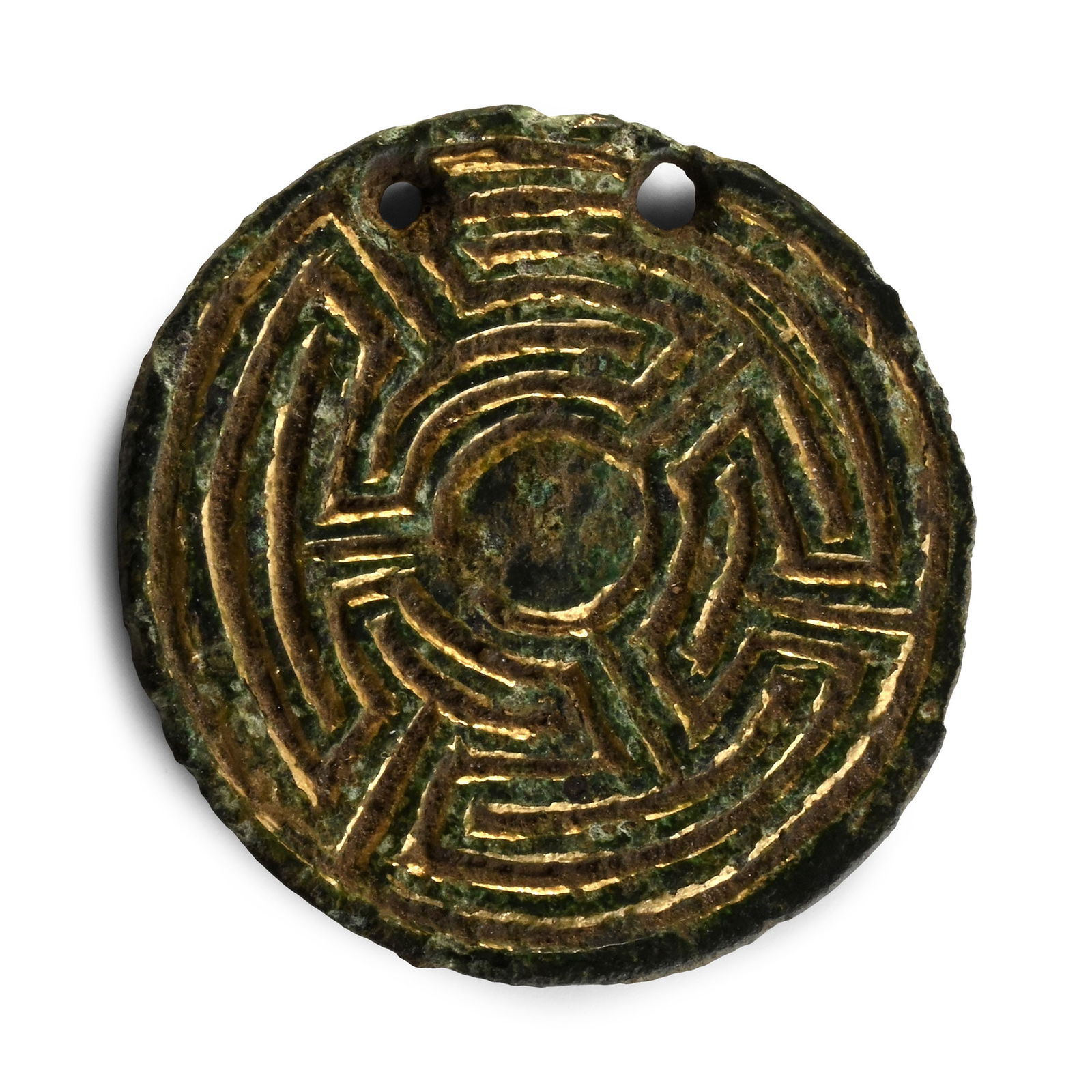 Anglo-Saxon Gilt Bronze Necklace Pendant with Trefoil Design: 6th century A.D. Discoid plaque with intricate maze design, pierced in two places for suspension or attachment. Cf. Hines, J., A New Corpus of Anglo-Saxon Great Square-Headed Brooches, London, 1997, p