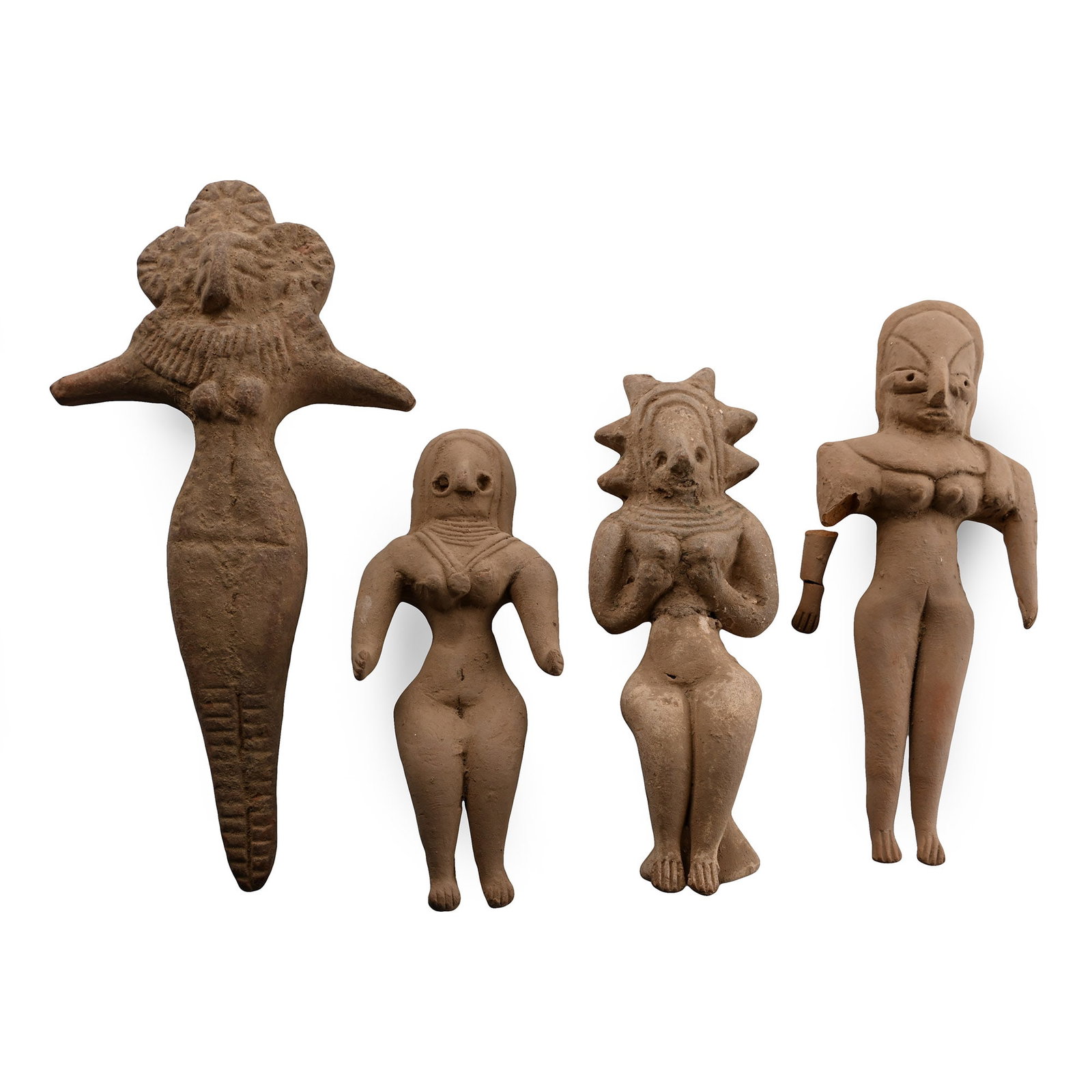 Indus Valley Style 'Mohenjo-Daro' Terracotta Idol Group: 20th century A.D. or earlier A mixed group of four terracotta female idols comprising: one supine, nude with applied hair and facial features; one similar, legs bent; one with radiating spike to the h