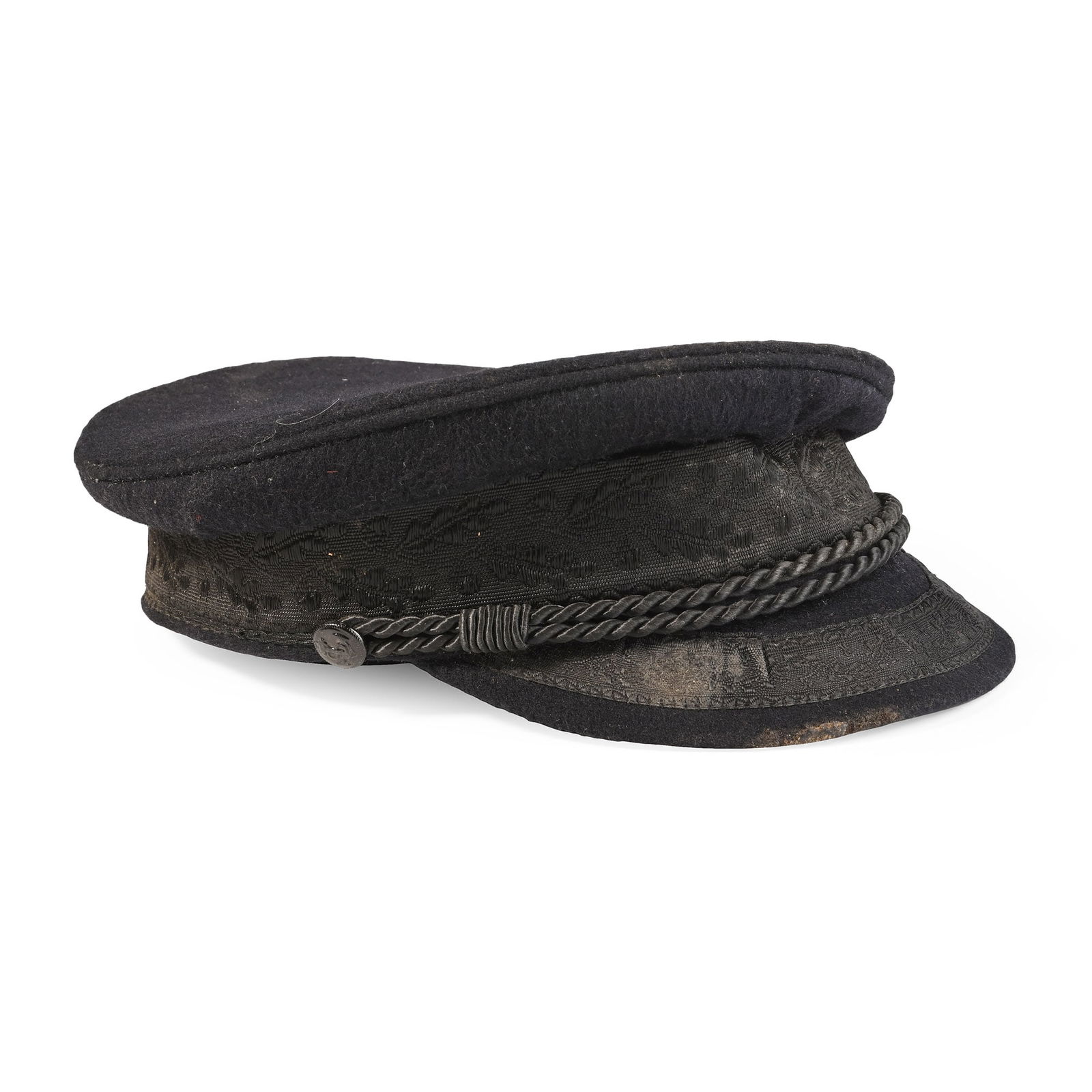German Prinz Heinrich Cap: Early 20th century A.D. Wool cap with short brim and braided chin strap with anchor buttons; maker's badge inside. 146 grams, 26.5 cm (10 1/2 in.). [No Reserve] From the private collection of author a