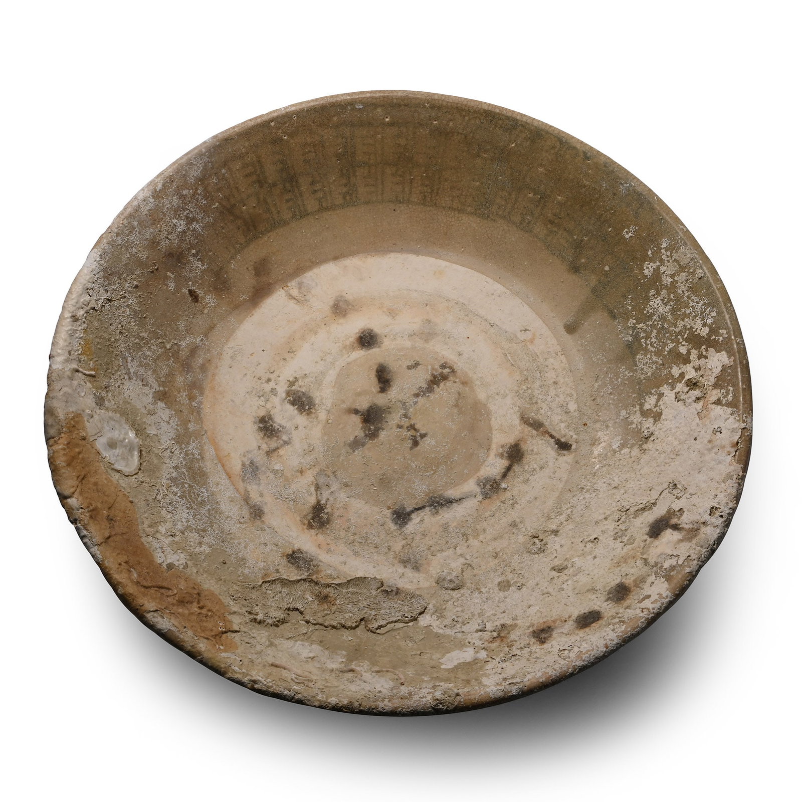 Very Large Hoi An Cargo Shipwreck Sea Encrusted Glazed Blue and White Platter: 15th century A.D. A wide platter with gently sloping sidewalls decorated with a band of geometric motifs. 905 grams, 28.3 cm (11 1/8 in.). [No Reserve] Ex Butterfield and Butterfield auction with offi