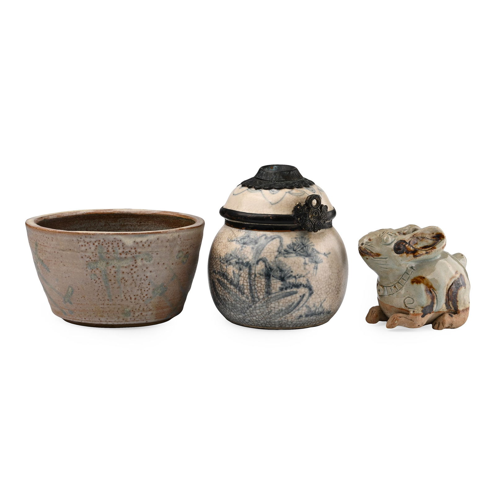 Chinese Glazed Ceramic Group: 20th century A.D. Comprising: squat bowl with random geometric ornament; diffuser with crackle-glaze finish, calligraphic legend; hollow-formed glazed ceramic pixiu. 1.04 kg total, 8.5-12 cm (3 3/8 -