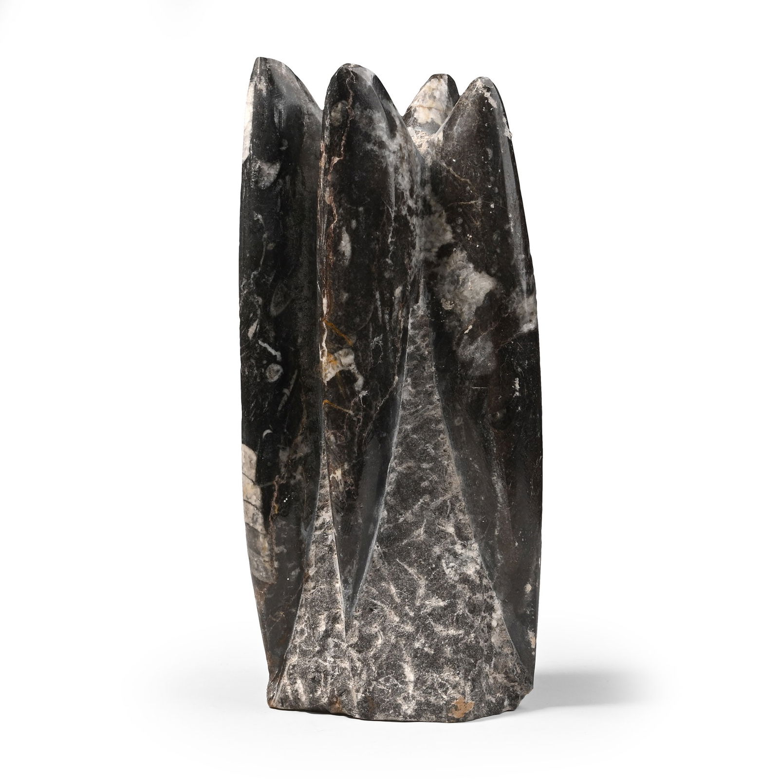 Polished Fossil Orthoceras Column: Devonian Period, circa 400 million years B.P. Comprising variously sized polished Orthoceras sp. specimens on a textured freestanding matrix. 1.44 kg, 20.3 cm (8 in.). [No Reserve] From Morocco, North