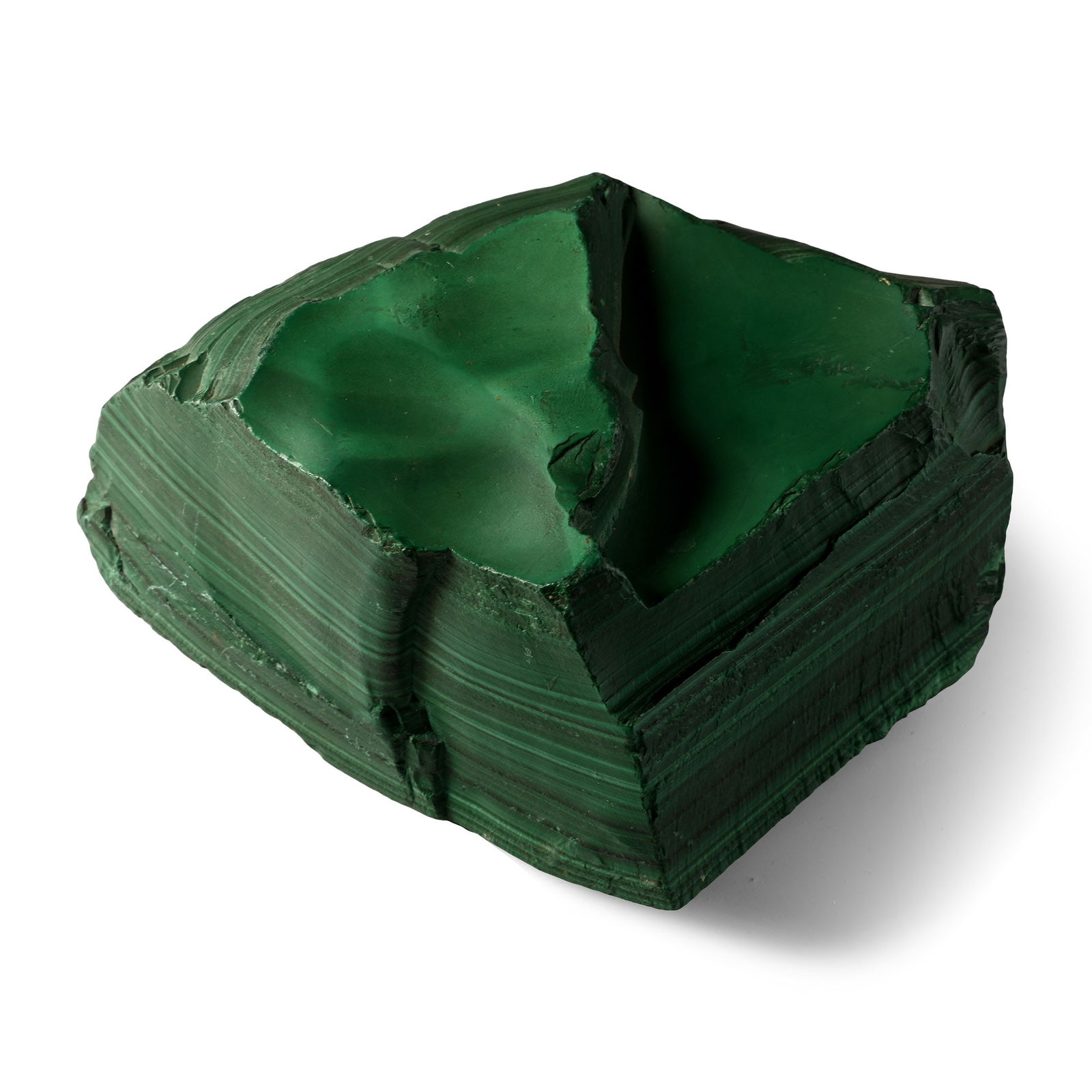 'Bwana Mkubwa Mine' Malachite Specimen: Cut section of malachite showing contrasting banding. 1.8 kg, 14.5 cm (5 5/8 in.). [No Reserve] From Bwana Mkubwa Mine, Ndola, Zambia. De-acquisitioned from a private Cornwall, UK, collection.) TimeLi