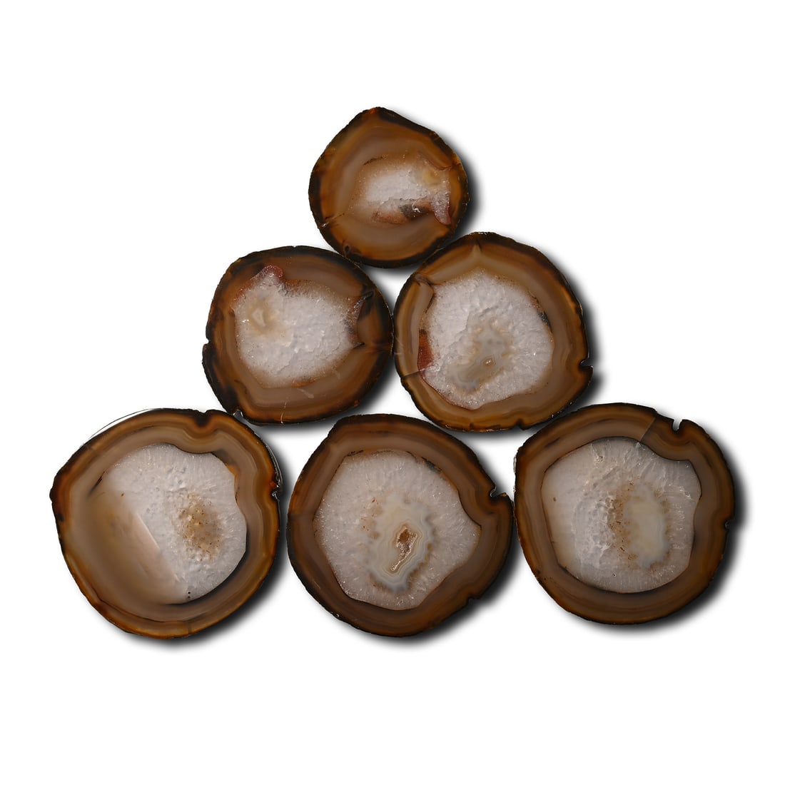 Cut and Polished Felt-Backed Agate Geode Coaster Set [6]: A graduated set displaying brown banding and white crystals to the centre. 640 grams total, 8.5-11.2 cm (3 3/8 - 4 3/8 in.). [6, No Reserve] From Brazil. Ex Mineral Imports, London, UK. Gregory, Bottl
