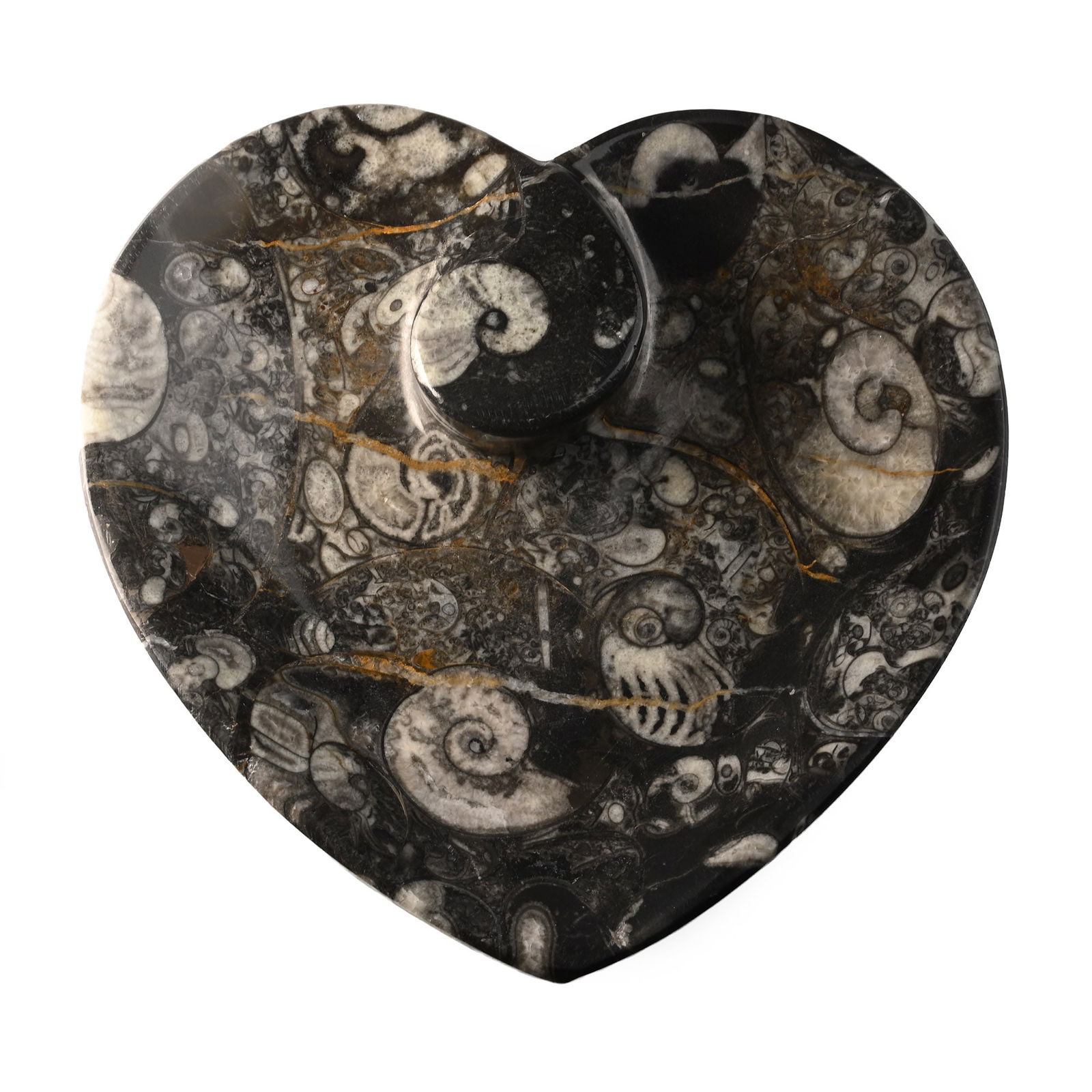 Fossil Goniatite Heart-Shaped Trinket Tray: Devonian Period, circa 400 million years B.P. Carved from fossiliferous stone with a Goniatite sp. set at the top. 522 grams, 16.5 cm (6 1/2 in). [No Reserve] From a Cambridgeshire, UK, collection. Pr