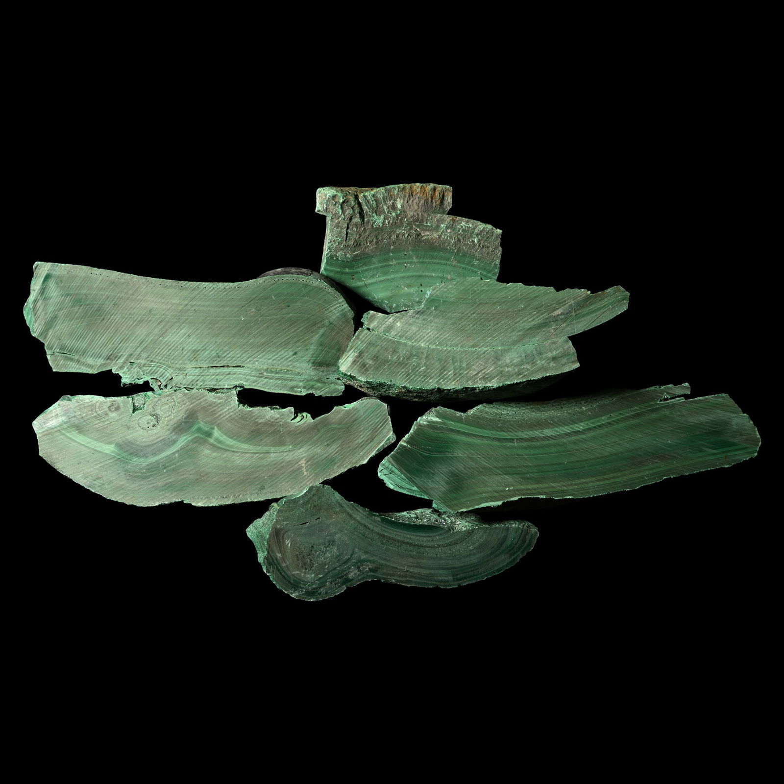 Cut Slices of Green Malachite [6]: Comprising six sections with unpolished cut faces displaying typical banding. 1.36 kg total, 7.4-15.6 cm (3 - 6 1/8 in.). [6, No Reserve] From Congo, Central Africa. Ex Mineral Imports, London, UK. Gr