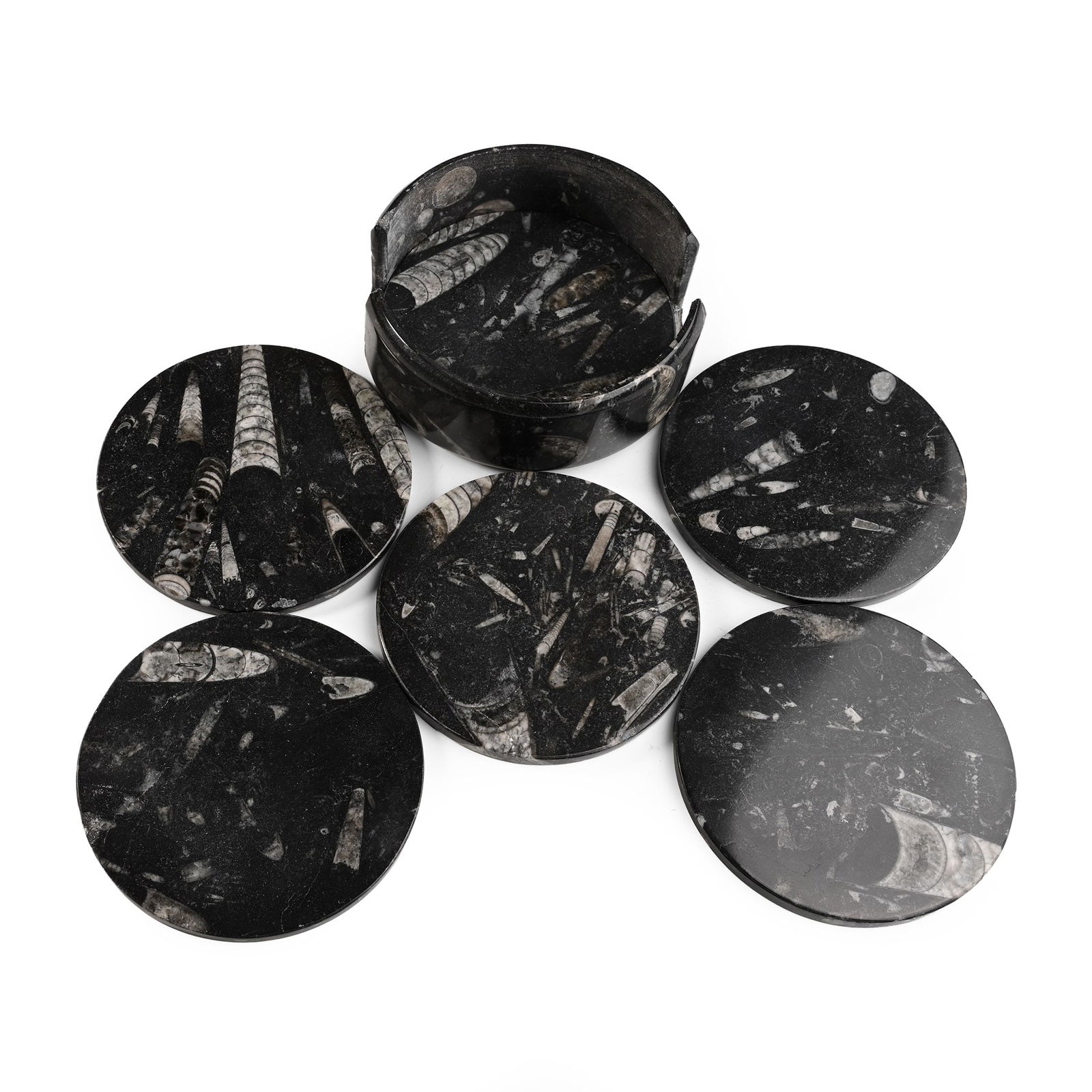 Polished Fossil Orthoceras Coaster Holder with Coasters: Devonian Period, circa 400 million years B.P. Carved from fossiliferous stone and comprising six polished coasters in a circular holder. 1.17 kg total, 11.5 cm wide each (4 1/2 in.). [7, No Reserve] F